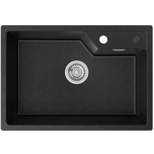 Sofetiy Spüle Schwarz 65x45cm, Spülbecken Küche aus Granit, Hafen-Stil Küchenspüle Modern, Granitspüle Schwarz, Waschbecken Küche Einbauspüle 1 Becken mit Ablaufgarnitur & Überlauf von Sofetiy