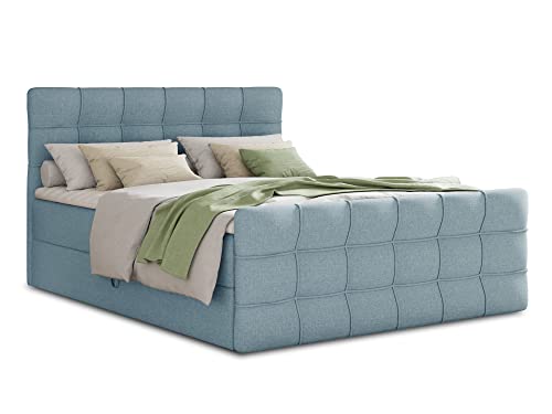 Boxspringbett Best Lux mit Fußteil, 2 Bettkästen und Topper - Doppelbett, Bonell-Matratze, Polsterbett, Bett, Betten, Bettgestell, Schlafzimmer (Blau (Vidar 83), 140 x 200 cm) von Sofnet