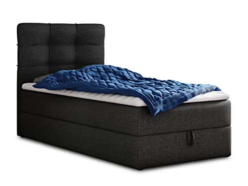 Boxspringbett Best Mini mit Bettkasten und Matratzentopper - Einzelbett mit Bonell-Matratze und Topper, Polsterbett, Bett, Schlafzimmer (100 x 200 cm, Schwarz (Inari 100)) von Sofnet