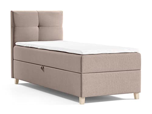 Boxspringbett Candy Mini mit Bettkasten und Topper - Jugendbett, Kinderbett, Einzelbett mit Bonell-Matratze und Topper, Bett mit Holzfüße (Beige (Soro 23), 90 x 200 cm) von Sofnet