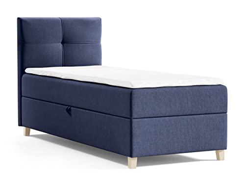 Boxspringbett Candy Mini mit Bettkasten und Topper - Jugendbett, Kinderbett, Einzelbett mit Bonell-Matratze und Topper, Bett mit Holzfüße (Blau (Soro 76), 100 x 200 cm) von Sofnet