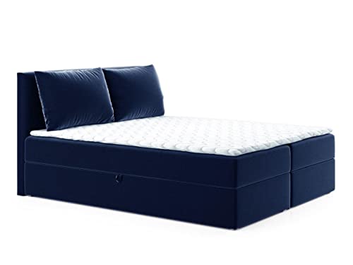 Boxspringbett Egro mit 2 Bettkästen und Zwei große Kissen - Doppelbett mit Bonell-Matratze und Topper, Polsterbett, Bett, Bettgestell Schlafzimmer (Dunkelblau (Kronos 09), 160 x 200 cm) von Sofnet