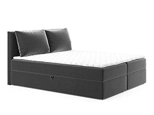 Boxspringbett Egro mit 2 Bettkästen und Zwei große Kissen - Doppelbett mit Bonell-Matratze und Topper, Polsterbett, Bett, Bettgestell Schlafzimmer (Graphit (Kronos 22), 140 x 200 cm) von Sofnet