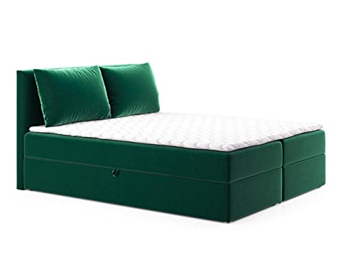 Boxspringbett Egro mit 2 Bettkästen und Zwei große Kissen - Doppelbett mit Bonell-Matratze und Topper, Polsterbett, Bett, Bettgestell Schlafzimmer (Grün (Kronos 19), 160 x 200 cm) von Sofnet