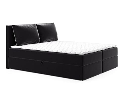 Boxspringbett Egro mit 2 Bettkästen und Zwei große Kissen - Doppelbett mit Bonell-Matratze und Topper, Polsterbett, Bett, Bettgestell Schlafzimmer (Schwarz (Kronos 07), 140 x 200 cm) von Sofnet