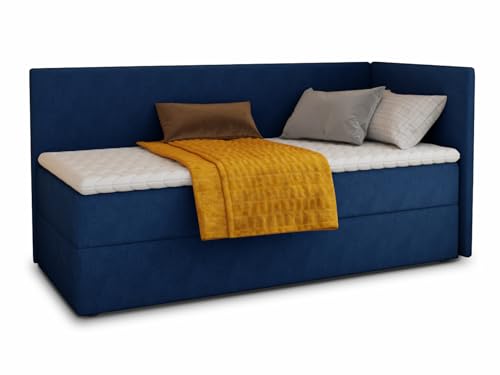 Boxspringbett Flame mit Bettkasten - Einzelbett mit Bonell-Matratze und Topper, Polsterbett, Universelle Bettseite, Bett, Schlafzimmer, Kinderzimmer (Dunkelblau (Kronos 09), 90 x 200 cm) von Sofnet