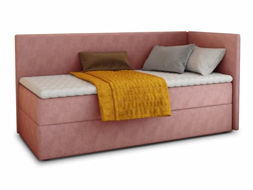 Boxspringbett Flame mit Bettkasten - Einzelbett mit Bonell-Matratze und Topper, Polsterbett, Universelle Bettseite, Bett, Schlafzimmer, Kinderzimmer (Pink (Kronos 29), 90 x 200 cm) von Sofnet