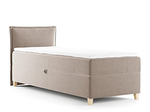 Boxspringbett Fren Mini mit Bettkasten - Einzelbett mit Bonell-Matratze und Topper, Polsterbett mit Holzfüße, Bett, Schlafzimmer, Kinderzimmer (Beige (Paros 02), 100 x 200 cm) von Sofnet