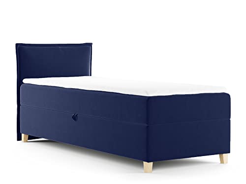 Boxspringbett Fren Mini mit Bettkasten - Einzelbett mit Bonell-Matratze und Topper, Polsterbett mit Holzfüße, Bett, Schlafzimmer, Kinderzimmer (Dunkelblau (Kronos 09), 90 x 200 cm) von Sofnet