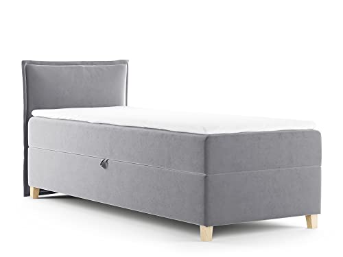 Boxspringbett Fren Mini mit Bettkasten - Einzelbett mit Bonell-Matratze und Topper, Polsterbett mit Holzfüße, Bett, Schlafzimmer, Kinderzimmer (Grau (Paros 05), 90 x 200 cm) von Sofnet