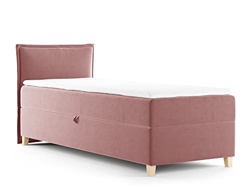 Boxspringbett Fren Mini mit Bettkasten - Einzelbett mit Bonell-Matratze und Topper, Polsterbett mit Holzfüße, Bett, Schlafzimmer, Kinderzimmer (Pink (Kronos 29), 100 x 200 cm) von Sofnet