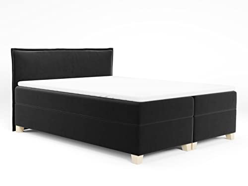 Boxspringbett Fren mit 2 Bettkästen - Doppelbett mit Bonell-Matratze und Topper, Polsterbett mit Holzfüße, Bett, Bettgestell Schlafzimmer (Schwarz (Kronos 07), 180 x 200 cm) von Sofnet