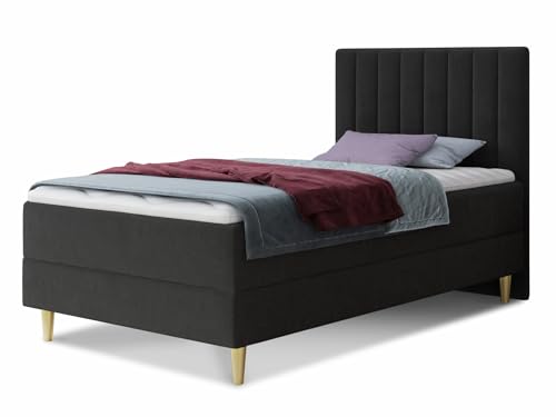 Boxspringbett Gold Mini mit Bettkasten, Bonell-Matratze und Topper - Einzelbett mit Matratzentopper, Polsterbett, Bett, Schlafzimmer, Jugendzimmer, Velours Stoff (Schwarz (Manila 18), 100 x 200 cm) von Sofnet