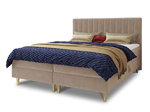 Boxspringbett Gold mit 2 Bettkästen und Topper - Doppelbett, Bonell-Matratze, Polsterbett, Bett mit Matratzentopper, Schlafzimmer, Velours Stoff (Beige (Manila 02), 140 x 200 cm) von Sofnet