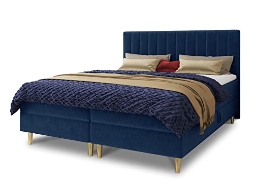 Boxspringbett Gold mit 2 Bettkästen und Topper - Doppelbett, Bonell-Matratze, Polsterbett, Bett mit Matratzentopper, Schlafzimmer, Velours Stoff (Blau (Manila 26), 160 x 200 cm) von Sofnet