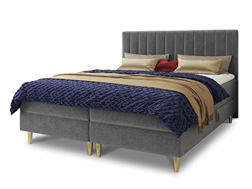 Boxspringbett Gold mit 2 Bettkästen und Topper - Doppelbett, Bonell-Matratze, Polsterbett, Bett mit Matratzentopper, Schlafzimmer, Velours Stoff (Grau (Manila 16), 160 x 200 cm) von Sofnet