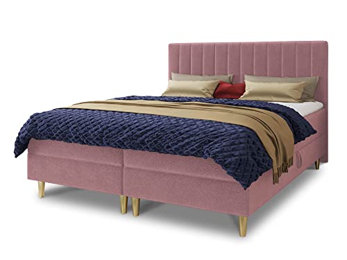 Boxspringbett Gold mit 2 Bettkästen und Topper - Doppelbett, Bonell-Matratze, Polsterbett, Bett mit Matratzentopper, Schlafzimmer, Velours Stoff (Pink (Manila 09), 160 x 200 cm) von Sofnet