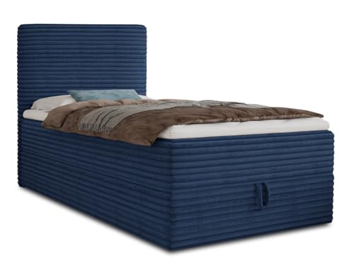 Boxspringbett Mollo Mini mit Bettkasten und Matratzentopper - Einzelbett mit Bonell-Matratze und Topper, Polsterbett in weichem Cordstoff, Bett, Schlafzimmer (Blau (Tilia 77), 100 x 200 cm) von Sofnet