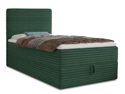 Boxspringbett Mollo Mini mit Bettkasten und Matratzentopper - Einzelbett mit Bonell-Matratze und Topper, Polsterbett in weichem Cordstoff, Bett, Schlafzimmer (Grün (Tilia 39), 100 x 200 cm) von Sofnet