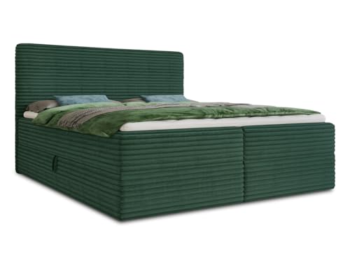 Boxspringbett Mollo mit 2 Bettkästen, Doppelbett mit Bonell-Matratze und Topper, Polsterbett in weichem Cordstoff, Bett, Bettgestell für Schlafzimmer (Grün (Tilia 39), 180 x 200 cm) von Sofnet