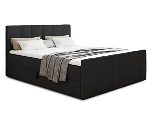 Boxspringbett Star Lux mit Fußteil, 2 Bettkästen und Matratzentopper - Doppelbett mit Topper, Bonell-Matratze, Polsterbett, Bett, Betten, Schlafzimmer (140 x 200 cm, Schwarz (Inari 100)) von Sofnet