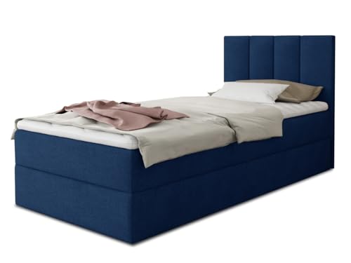 Boxspringbett Star Mini mit Bettkasten, Bonell-Matratze und Topper - Einzelbett mit Matratzentopper, Polsterbett, Bett, Schlafzimmer, Jugendzimmer (Dunkelblau (Kronos 09), 90 x 200 cm) von Sofnet