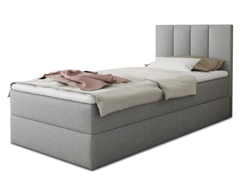 Boxspringbett Star Mini mit Bettkasten, Bonell-Matratze und Topper - Einzelbett mit Matratzentopper, Polsterbett, Bett, Schlafzimmer, Jugendzimmer (Grau (Inari 91), 100 x 200 cm) von Sofnet