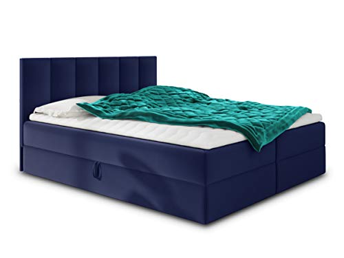 Boxspringbett Star mit Topper, Bonell-Matratze und 2 Bettkästen, Doppelbett, Polsterbett, Bett, Bettgestell, Stilvoll, Schlafzimmer, Velour oder Webstoff (Dunkelblau (Kronos 09), 140 x 200 cm) von Sofnet