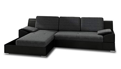 Ecksofa Aldo mit Glasregal, Couchgarnitur mit Bettfunktion und Bettkasten, Sofagarnitur, Couch mit Schlaffunktion, Big Sofa (Schwarz + Graphit (Soft 011 + Inari 94), Ecksofa Links) von Sofnet