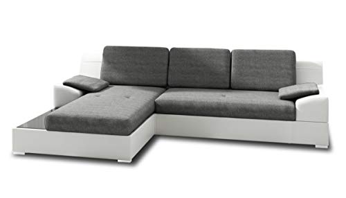 Ecksofa Aldo mit Glasregal, Couchgarnitur mit Bettfunktion und Bettkasten, Sofagarnitur, Couch mit Schlaffunktion, Big Sofa (Weiß + Grau (Soft 017 + Inari 91), Ecksofa Links) von Sofnet