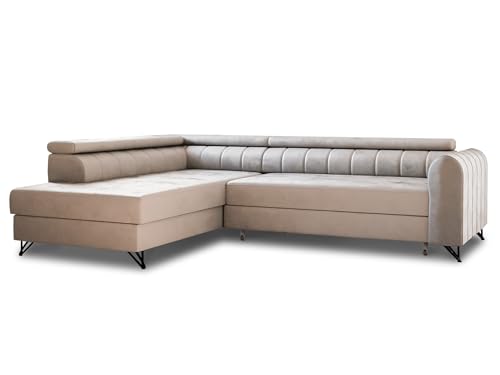 Ecksofa Alice mit Schlaffunktion und Bettkasten, Wohnlandschaft mit einstellbare Kopfstützen, Couch, Sofa, Bettsofa, Schlafsofa (Beige (Paros 02), Ecksofa Links) von Sofnet