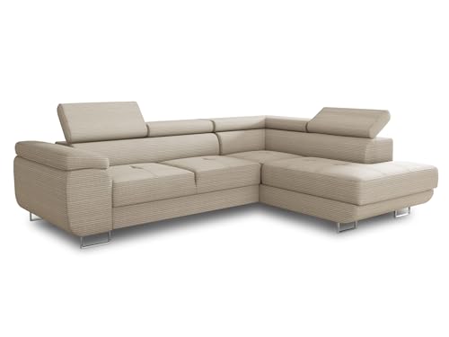 Ecksofa Caris mit Schlaffunktion und einstellbare Kopfstützen, Cord Stoff, Wohnlandschaft mit Bettkasten, Couch, Sofa, Bettsofa (Beige (Poso 100), Ecksofa Rechts) von Sofnet