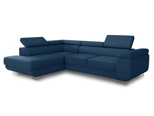 Ecksofa Caris mit Schlaffunktion und einstellbare Kopfstützen, Cord Stoff, Wohnlandschaft mit Bettkasten, Couch, Sofa, Bettsofa (Blau (Poso 005), Ecksofa Links) von Sofnet