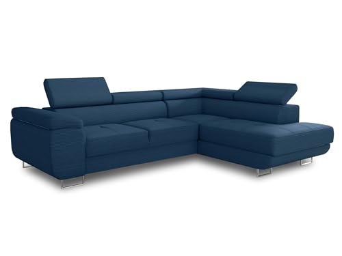 Ecksofa Caris mit Schlaffunktion und einstellbare Kopfstützen, Cord Stoff, Wohnlandschaft mit Bettkasten, Couch, Sofa, Bettsofa (Blau (Poso 005), Ecksofa Rechts) von Sofnet