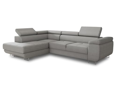 Ecksofa Caris mit Schlaffunktion und einstellbare Kopfstützen, Cord Stoff, Wohnlandschaft mit Bettkasten, Couch, Sofa, Bettsofa (Grau (Poso 110), Ecksofa Links) von Sofnet