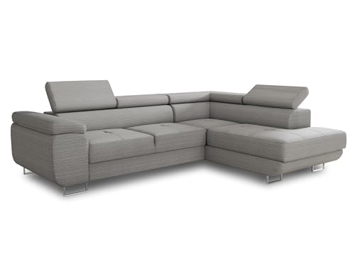 Ecksofa Caris mit Schlaffunktion und einstellbare Kopfstützen, Cord Stoff, Wohnlandschaft mit Bettkasten, Couch, Sofa, Bettsofa (Grau (Poso 110), Ecksofa Rechts) von Sofnet