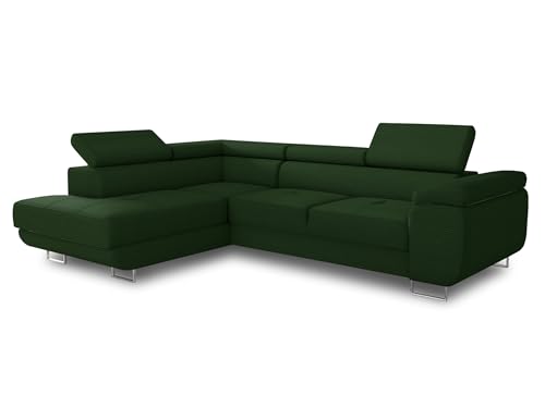 Ecksofa Caris mit Schlaffunktion und einstellbare Kopfstützen, Cord Stoff, Wohnlandschaft mit Bettkasten, Couch, Sofa, Bettsofa (Grün (Poso 014), Ecksofa Links) von Sofnet