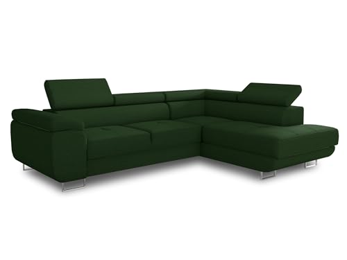 Ecksofa Caris mit Schlaffunktion und einstellbare Kopfstützen, Cord Stoff, Wohnlandschaft mit Bettkasten, Couch, Sofa, Bettsofa (Grün (Poso 014), Ecksofa Rechts) von Sofnet