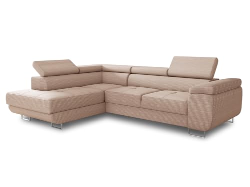 Ecksofa Caris mit Schlaffunktion und einstellbare Kopfstützen, Cord Stoff, Wohnlandschaft mit Bettkasten, Couch, Sofa, Bettsofa (Pink (Poso 052), Ecksofa Links) von Sofnet