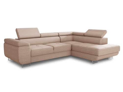 Ecksofa Caris mit Schlaffunktion und einstellbare Kopfstützen, Cord Stoff, Wohnlandschaft mit Bettkasten, Couch, Sofa, Bettsofa (Pink (Poso 052), Ecksofa Rechts) von Sofnet