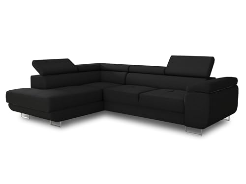 Ecksofa Caris mit Schlaffunktion und einstellbare Kopfstützen, Cord Stoff, Wohnlandschaft mit Bettkasten, Couch, Sofa, Bettsofa (Schwarz (Poso 135), Ecksofa Links) von Sofnet