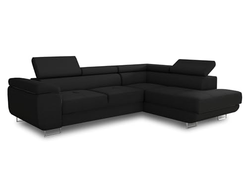 Ecksofa Caris mit Schlaffunktion und einstellbare Kopfstützen, Cord Stoff, Wohnlandschaft mit Bettkasten, Couch, Sofa, Bettsofa (Schwarz (Poso 135), Ecksofa Rechts) von Sofnet