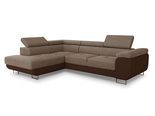 Ecksofa Caris mit Schlaffunktion und einstellbare Kopfstützen, Wohnlandschaft mit Bettkasten, Couch, Sofa, Bettsofa (Braun + Cappuccino (Sawana 16 + Sawana 02), Ecksofa Links) von Sofnet