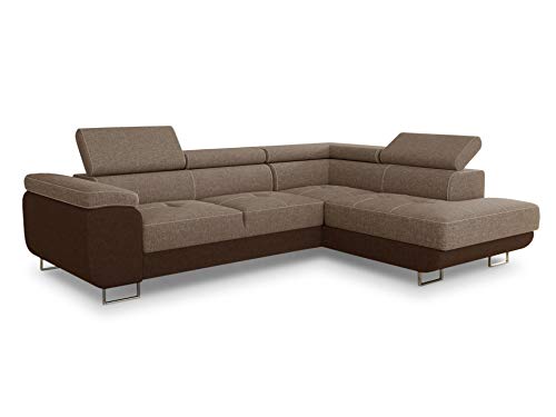 Ecksofa Caris mit Schlaffunktion und einstellbare Kopfstützen, Wohnlandschaft mit Bettkasten, Couch, Sofa, Bettsofa (Braun + Cappuccino (Sawana 16 + Sawana 02), Ecksofa Rechts) von Sofnet