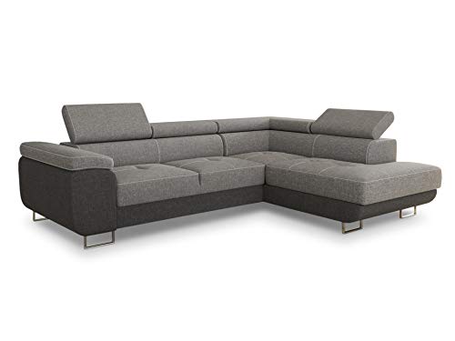 Ecksofa Caris mit Schlaffunktion und einstellbare Kopfstützen, Wohnlandschaft mit Bettkasten, Couch, Sofa, Bettsofa (Dunkelgrau + Grau (Sawana 05 + Sawana 21), Ecksofa Rechts) von Sofnet