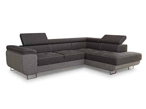 Ecksofa Caris mit Schlaffunktion und einstellbare Kopfstützen, Wohnlandschaft mit Bettkasten, Couch, Sofa, Bettsofa (Grau + Dunkelgrau (Sawana 21 + Sawana 05), Ecksofa Rechts) von Sofnet