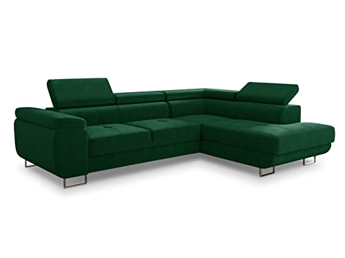 Ecksofa Caris mit Schlaffunktion und einstellbare Kopfstützen, Wohnlandschaft mit Bettkasten, Couch, Sofa, Bettsofa (Grün (Kronos 19), Ecksofa Rechts) von Sofnet