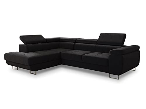 Ecksofa Caris mit Schlaffunktion und einstellbare Kopfstützen, Wohnlandschaft mit Bettkasten, Couch, Sofa, Bettsofa (Schwarz (Kronos 07), Ecksofa Links) von Sofnet