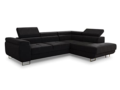 Ecksofa Caris mit Schlaffunktion und einstellbare Kopfstützen, Wohnlandschaft mit Bettkasten, Couch, Sofa, Bettsofa (Schwarz (Kronos 07), Ecksofa Rechts) von Sofnet