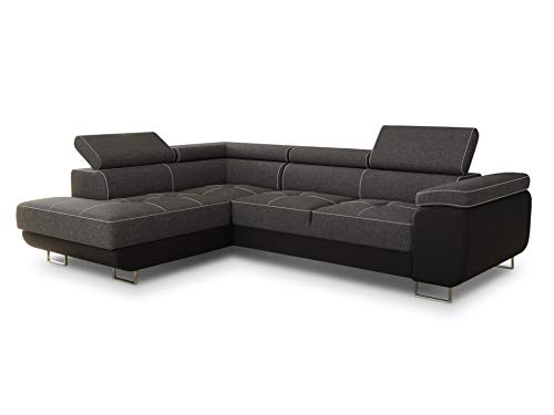 Ecksofa Caris mit Schlaffunktion und einstellbare Kopfstützen, Wohnlandschaft mit Bettkasten, Couch, Sofa, Bettsofa (Schwarz + Dunkelgrau (Soft 011 + Sawana 05), Ecksofa Links) von Sofnet